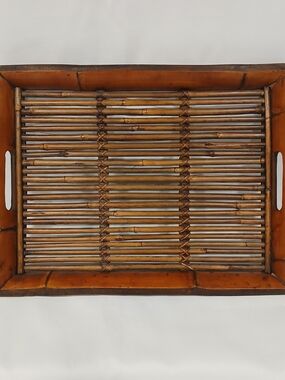Vintage Bamboo Serving Tray W/ Handles 19.5" x 15" Polished Finish MCM Tiki Reed